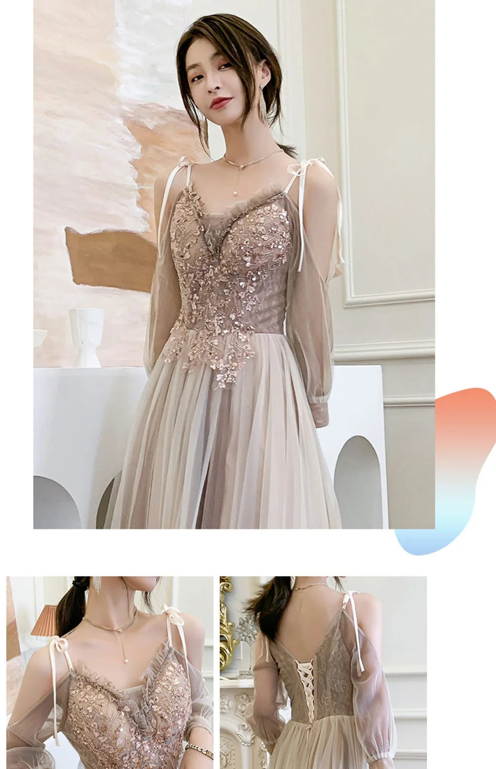 4 styles Champagne Pink Bridesmaid Dress Women's Elegant Off Shoulder Ruffles Sleeves Gown Sequins Flower Applique Vestido - Seprincess