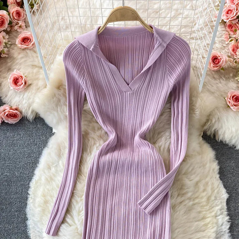 Women Korean Knitted Dress Long Sleeve V Neck Elastic Slim Pencil Dresses 2024 Autumn Sexy Bodycon Split Sweater Dress - Seprincess