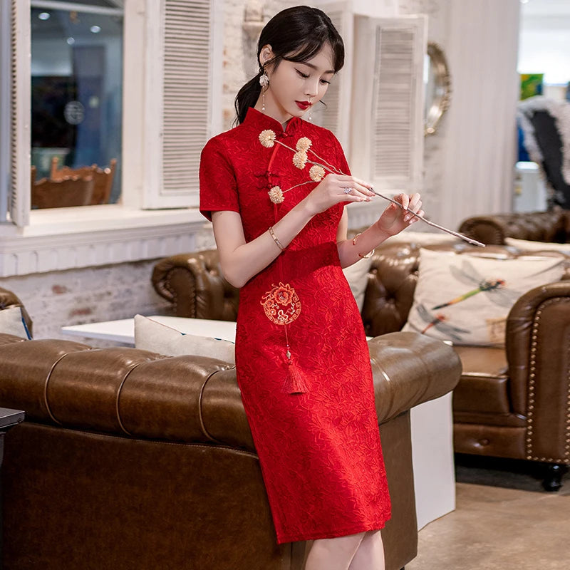 Chinese Traditional Retro Red Modern Improved Cheongsam Summer New Short Sleeve Engagement Qipao Dress - Seprincess