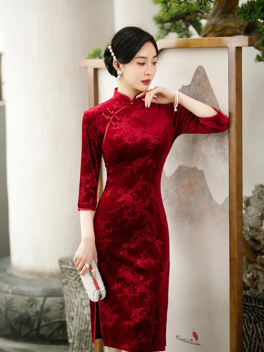 Women Jacquard Velvet Vintage Cheongsam Long Sleeve Slim Elegant Wedding Costumes Chinese Style Plus Size Dress M To 5XL - Seprincess