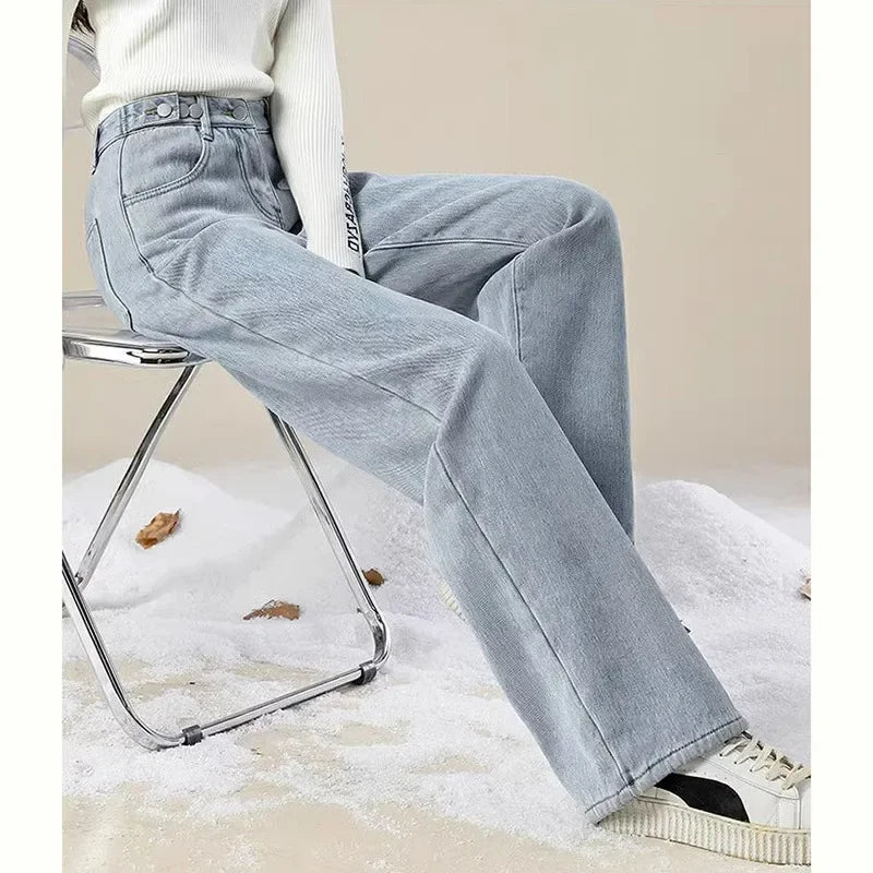 Thickened Fleece-Lined Warm Straight-Leg Jeans Design Adjustable High-Waisted Slimming Bell Bottoms Winter New Arrival