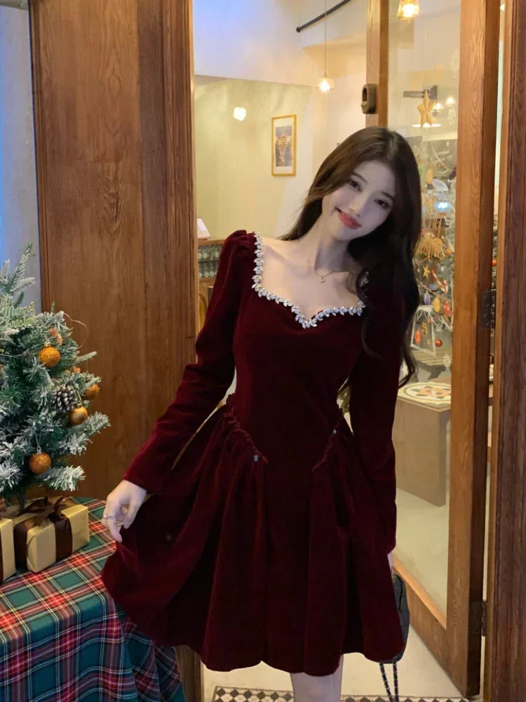 Woman's Party Evening Engagement Velvet Dress Black Vintage Prom Birthday Red Dress Long Sleeves Formal Christmas Clothing Robe - Seprincess