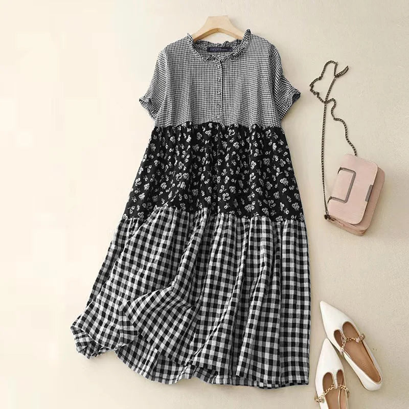 ZANZEA Women Fashion Plaid Long Dress 2024 Summer Holiday Sundress Pleating Stitching Shirt Dress Casual Loose Short Sleeve Robe - Seprincess