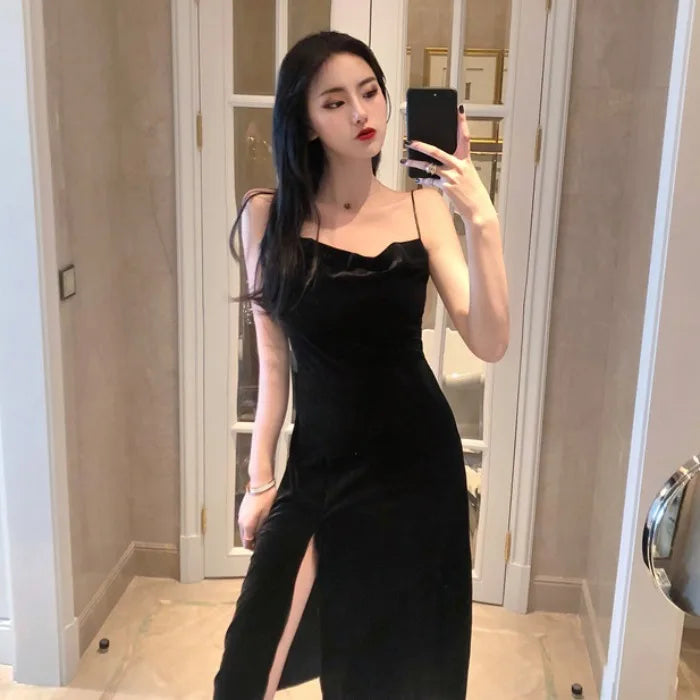 New 2022 Vintage Women Dress Spaghetti Strap Slit Velvet Black Dress Sexy Bodycon Bandage Dress Midi Party Dress Verano Vestidos - Seprincess