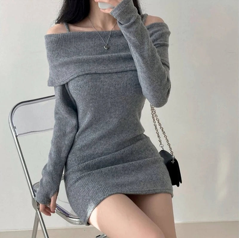 Y2K Women Knitted Mini Dress Korean Sexy Off Shoulder Female Dress Spring New Spaghetti Strap Long Sleeve Ladies Vestidos - Seprincess