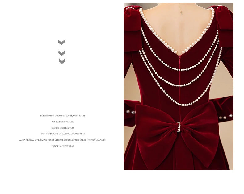 Burgundy Velvet Evening Dress Elegant Beaded Square Collar Engagement Dresses Temperament Bow Long Sleeve Formal Banquet Gown - Seprincess