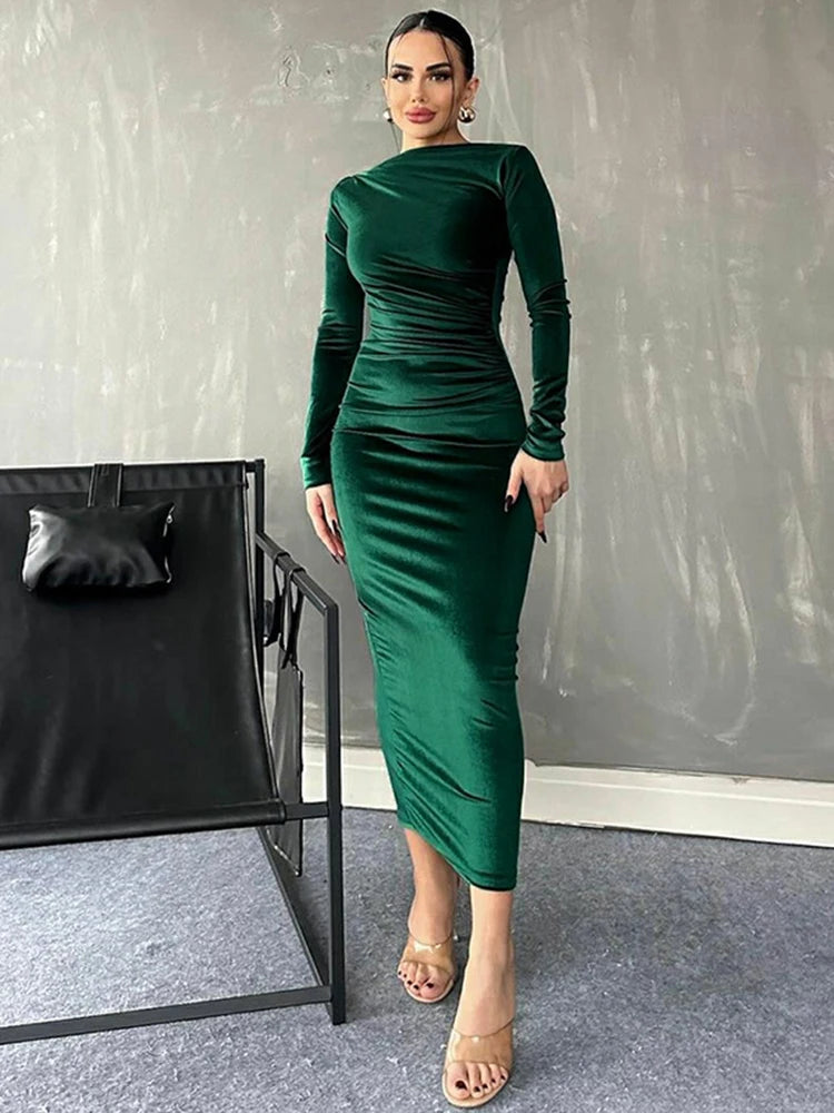 Dulzura 2024 Spring Summer Velvet Long Sleeve Midi Dress For Women Ruched Long Dress Elegant Party Clothes Evening Green Outfits - Seprincess