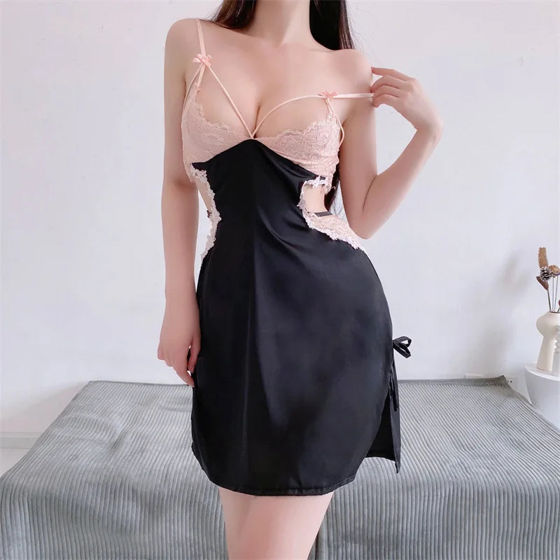 Women Romantic Date Night Short Dresses Sexy Wife Honeymoon Nightdress Sling Backless Hollow Lace Nightgown Satin Pajamas - Seprincess