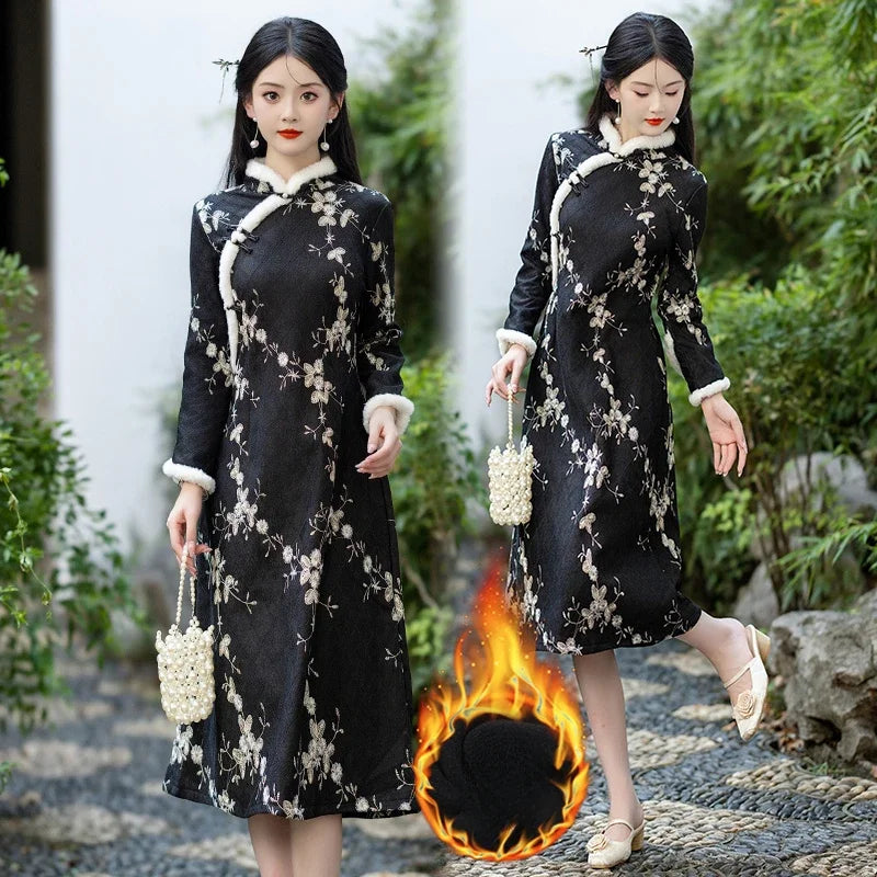 Fashion Chinese Style Traditional Fleece Thick Qipao Dress Winter New Printed Black Cheongsam for Women - Seprincess