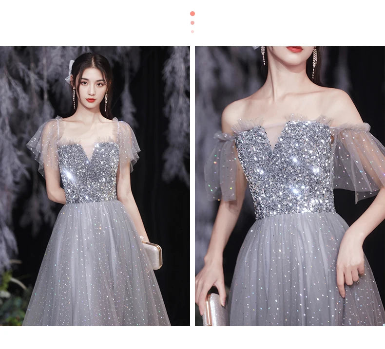 Grey Bridesmaid Evening Dress Women Off Shoulder Sequins Wedding Party Vestidos Fairy Temperament Sisters Group Gown Summer