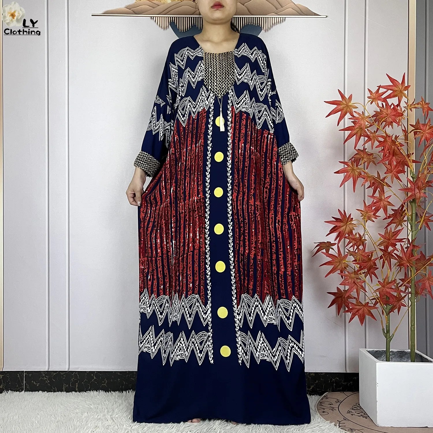 2024New Dubai Party Dress Muslim Femme Long Sleeves Printing Sequins Loose Boubou Maxi Islam Women Cotton African Abaya Clothing - Seprincess