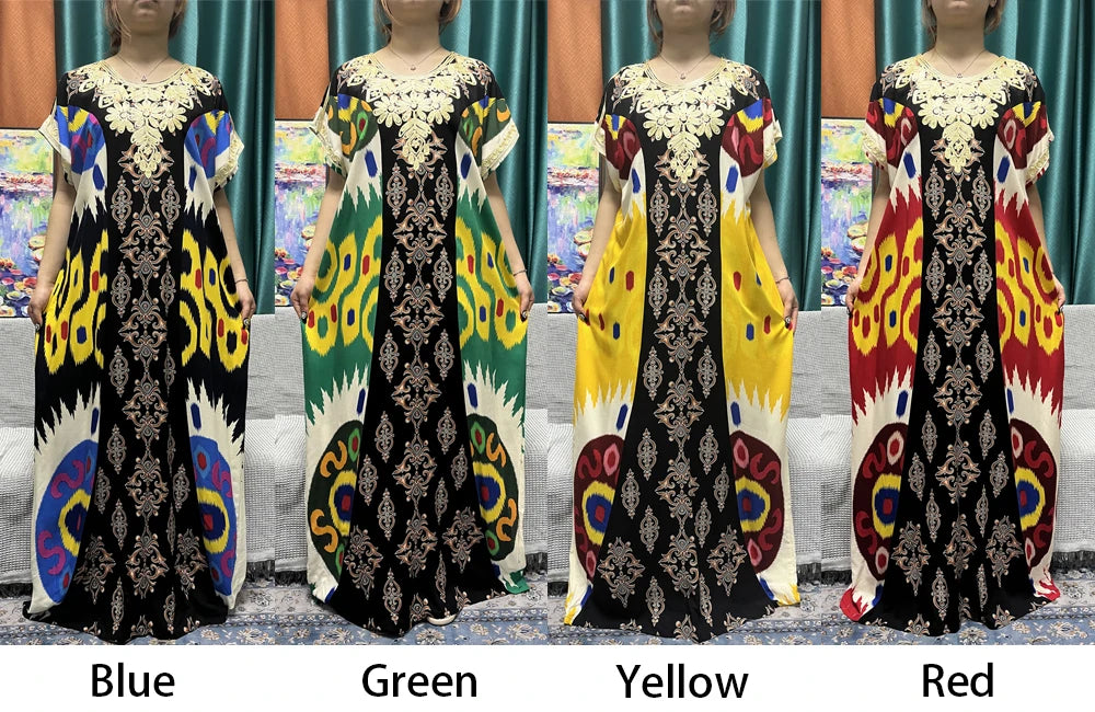 Muslim Printed Abayas For Women 2024 Dubai New Cotton Short SLeeves Appliques Loose Femme Robe African Islam Dresses With Hijabs - Seprincess