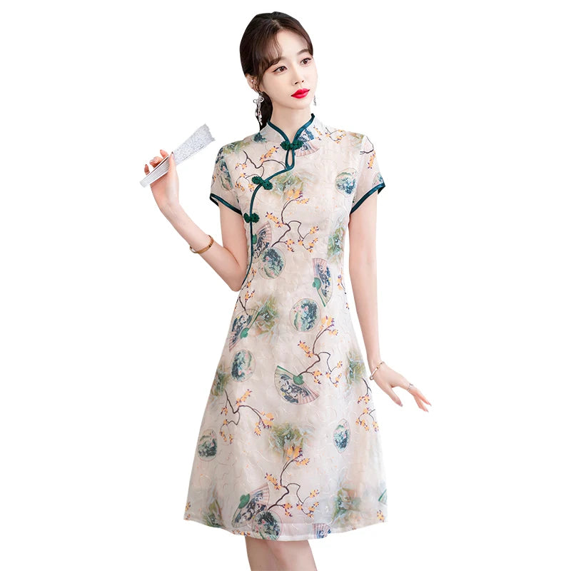 Fashion Modern Chinese Cheongsam A-line Dress Women Short Sleeve Qipao Traditional Chinese Clothes - Seprincess