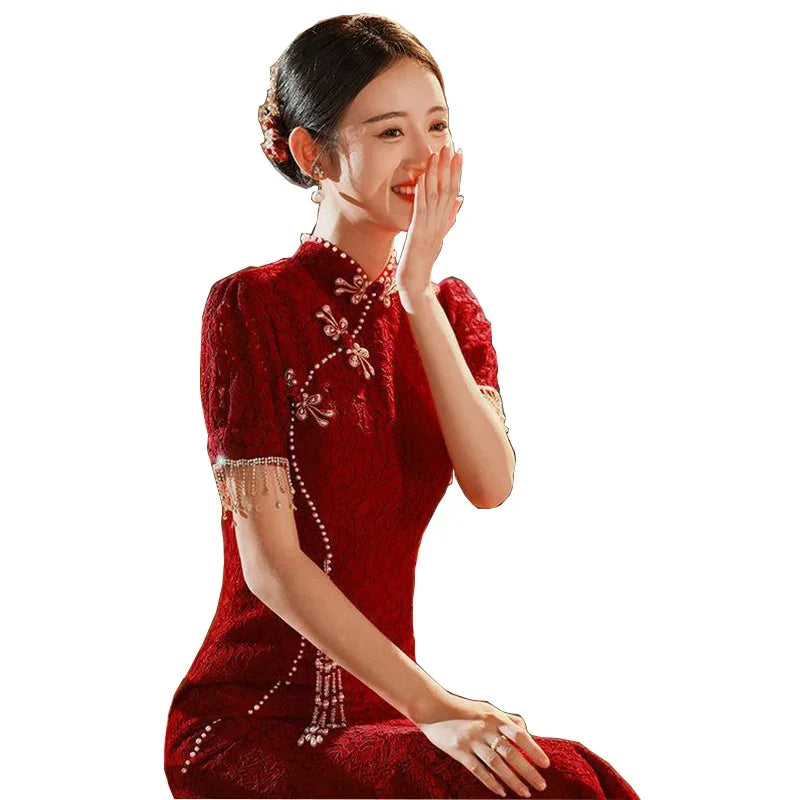 Mermaid Chinese Traditional Dress Red Wedding Bride Toast Clothing Sexy Ladies Cheongsam for Evening Party Woman Vintage Qipao - Seprincess