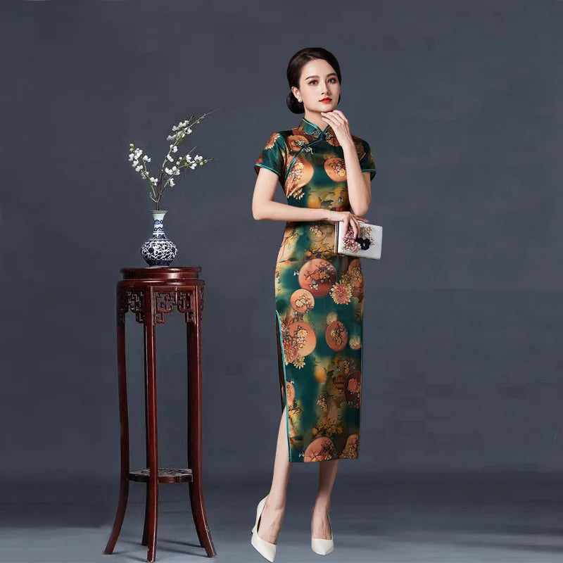 2023 New Vintage Long Cheongsam Women Sexy Slim Split Qipao Classic Chinese Traditional Dress Print Flower Evening Party Dress - Seprincess