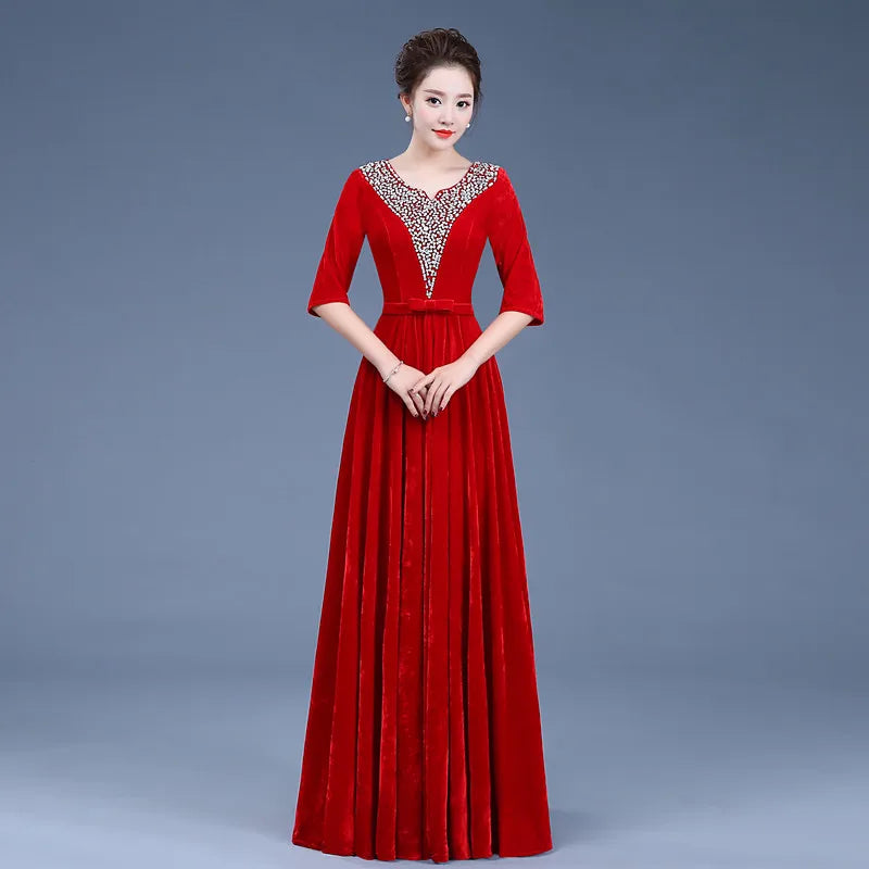 WMLF-80#Gold Velvet Chorus Dress Performance Women Clothing Long New Adult Slim Middle-aged Elderly Dresses Sequins Costumes Red - Seprincess