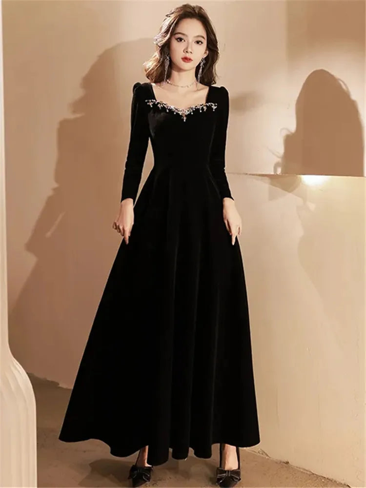 Black Dress Female Autumn Winter Solid Color Diamond Studded Bead Square Collar Long Sleeve A-line Skirt Women's Clothing M024 - Seprincess