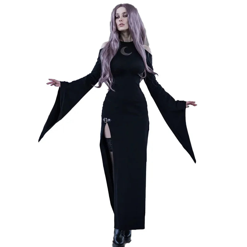 Gothic Dark Witches Clothes Halloween Cosplay Women Witchcraft Moon Dress Trumpet Sleeve Outfits Costumes - Seprincess