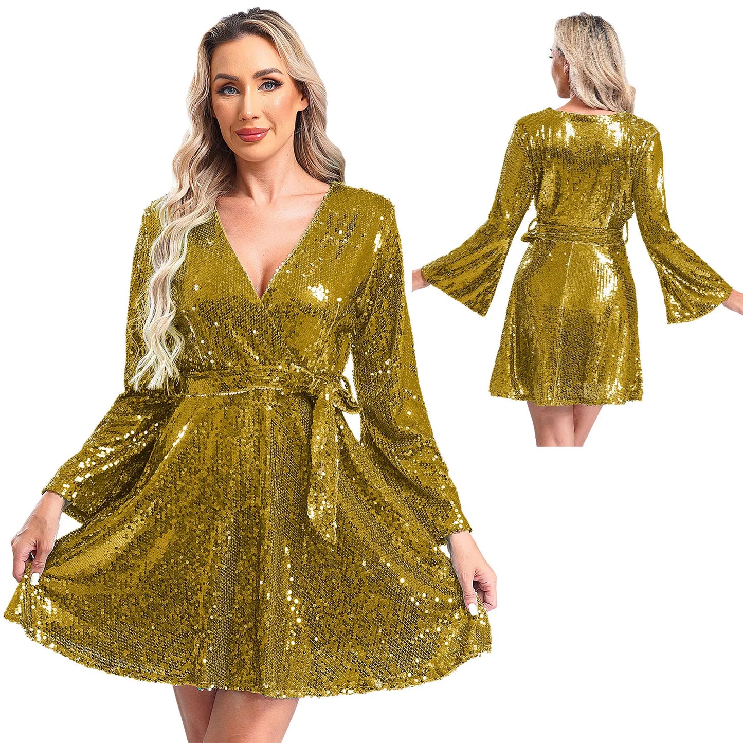 Fashion Women's Dress Clubbing Prom Vestidos V Neck Loose Sequin Dresses Long Sleeve Gown for Cocktail Party Prom Evening Robe