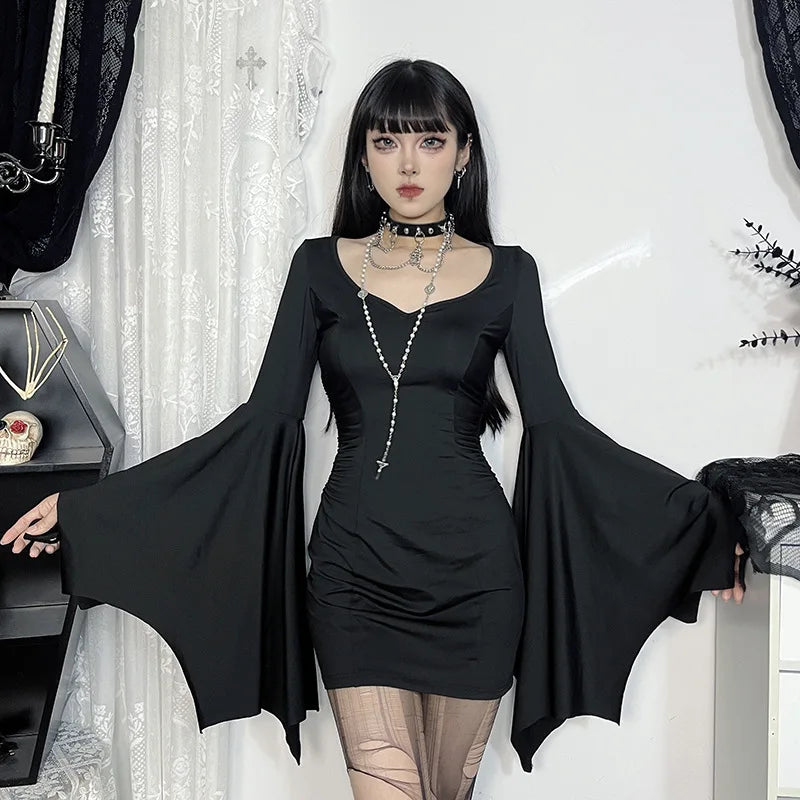 goth dark Cospaly Partywear Women Fashion Batwing Sleeve Mini Dress Elegant Slim Pleat Bodycon Dresses Mall Gothic Alt Teachwear - Seprincess