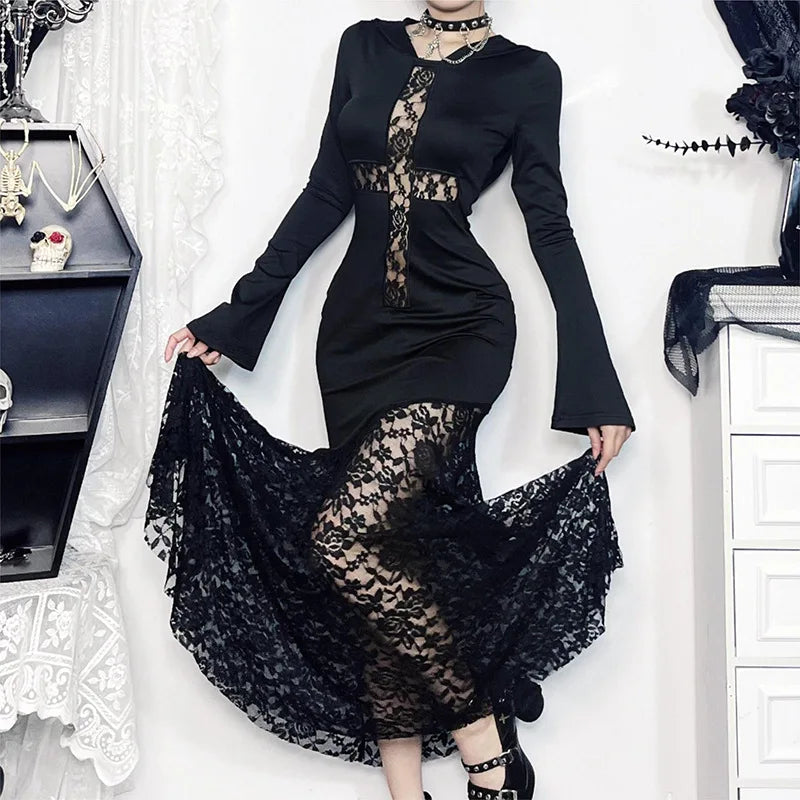 Goth Dark Elegant Fashion Women Hooded Dress Mall Gothic Cross Hollow Out Lace Spliced Partywear Acubi Sexy Bodycon Dresses Slim - Seprincess