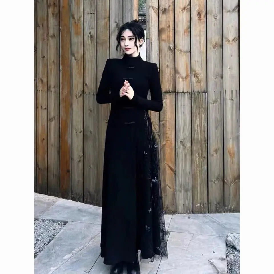 2024 autumn new chinese style women's oriental style long sleeve dress velvet black dress lady sexy slim cheongsam dress - Seprincess