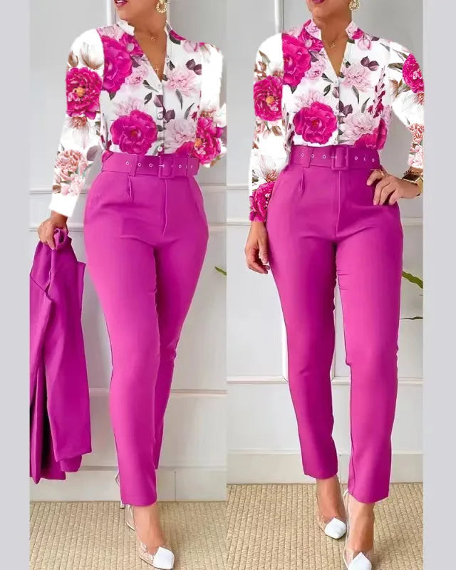 Elegant Women Shirt Two Piece Set Suits Fall New Fashion Print Long Sleeve Top Black Pants Set With Belt Blouses Female Clothing - Seprincess