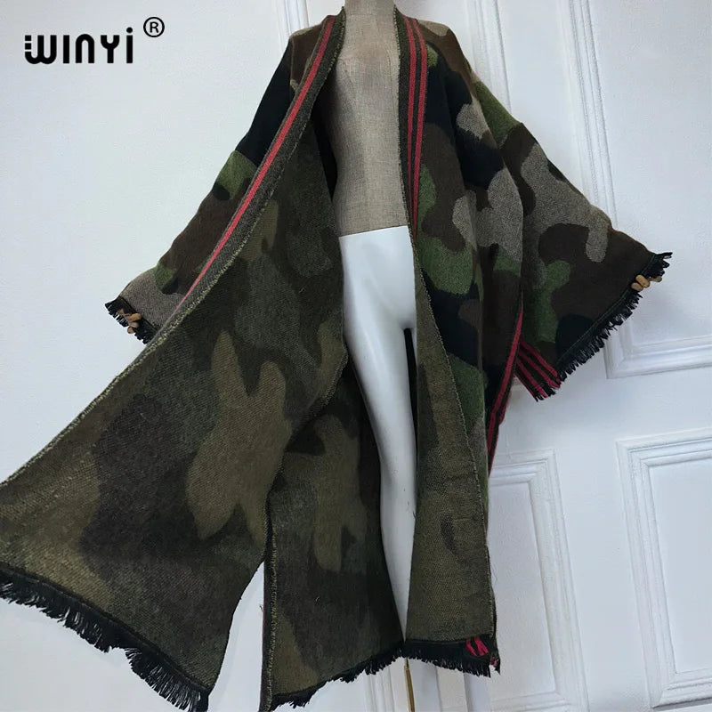 WINYI camouflage colour African women winter kimono long sleeve OverCoat abaya dubai luxury Open Front Long Cardigan party dress - Seprincess