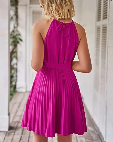 2023 Summer Short Pleated Dress Women Halter Dress Ladies Sleeveless A Line Party Dress For Women