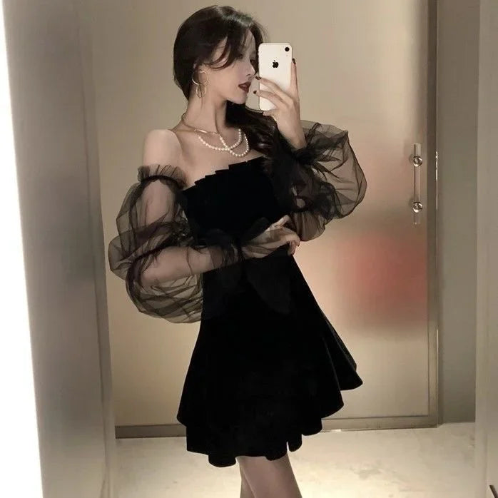 New Spring and Summer Sexy Mesh Puff Sleeve Black Strapless Puff Dress Women Woman Dress Vestido De Mujer Femme Robe - Seprincess