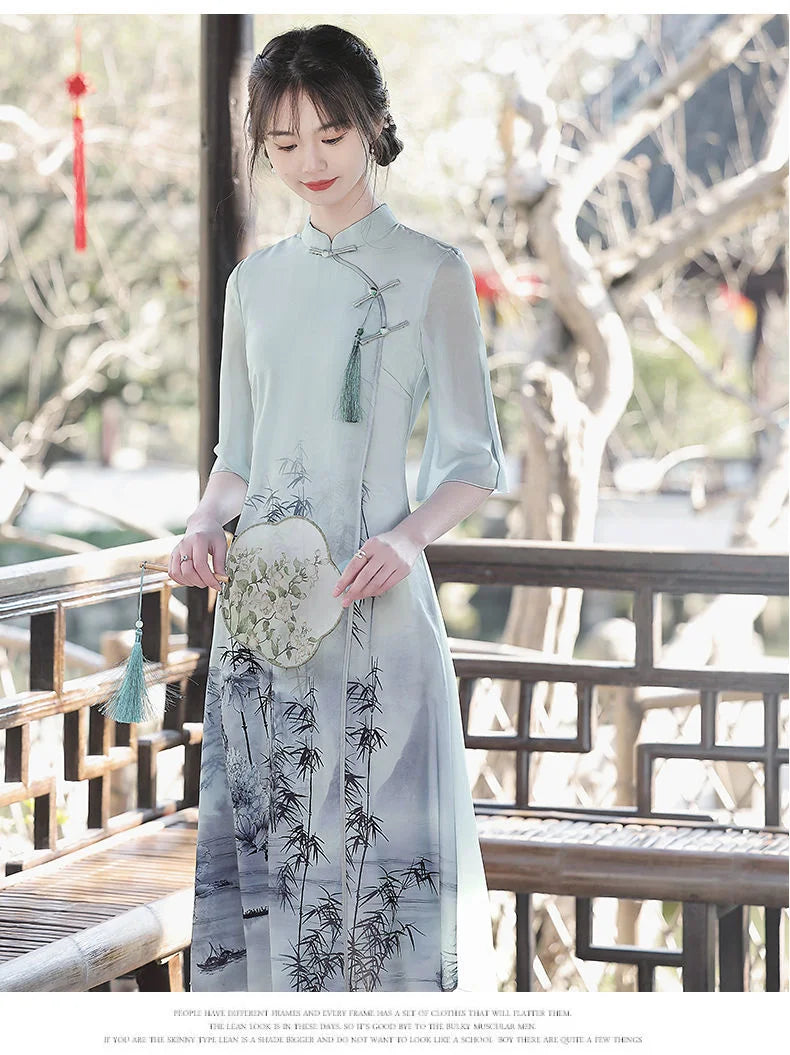 Improved Cheongsam 2024 Women's Summer High-end Chiffon Long Dress Inverted Big Sleeves Plus Size Retro Girl Chinese Style Hanfu - Seprincess