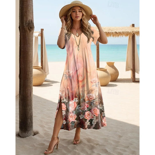 Elegant Dresses For Women Holiday V-Neck Long Dress 3d Vintage Flowers Print Short Sleeve Slit Skirt Summer New Beach Dresses - Seprincess