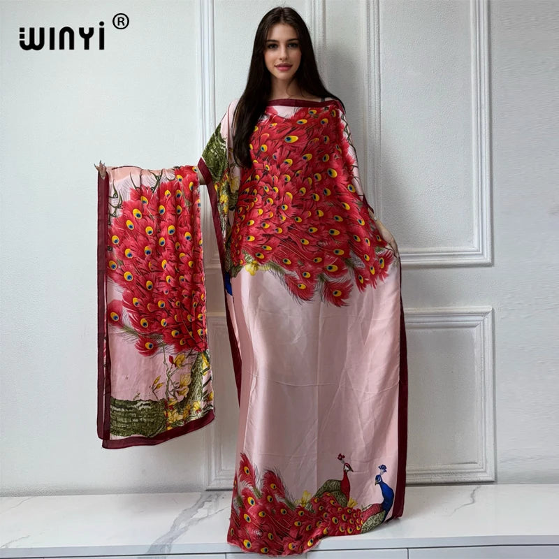 WINYI Africa summer kaftan with belt Women Classic peacock print Caftan Elegant Holiday summer Maxi silk Bohemian party dress - Seprincess