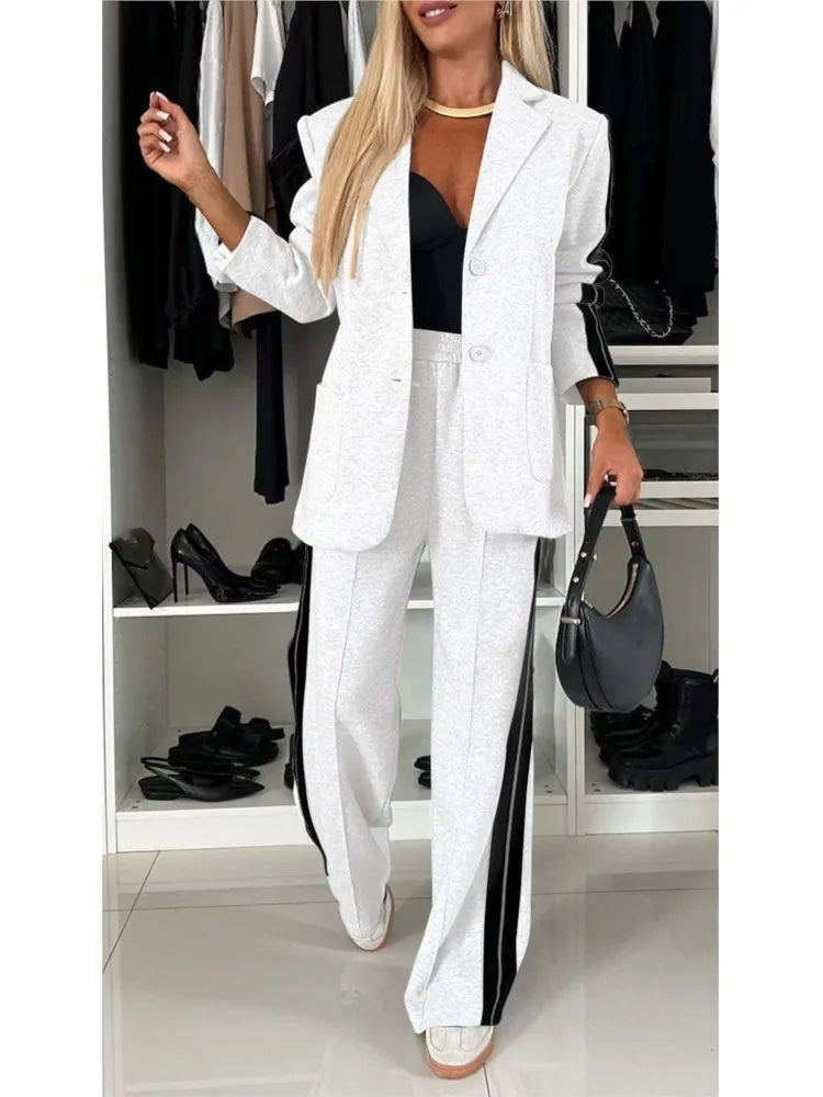 Autumn And Winter New Long Sleeves Suit Women's Suit Fashion Pimp Stitching Pants Pocket Female Office Blazer 2 Piece Set 2024 - Seprincess