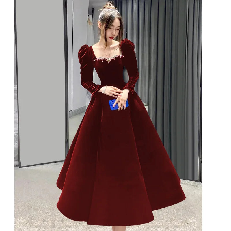 Chinese Bridal Wedding Qipao Sexy Square Neck Dress Pleated Cheongsam Formal Party Dresses Gown Long Sleeve Fairy Vestidos - Seprincess