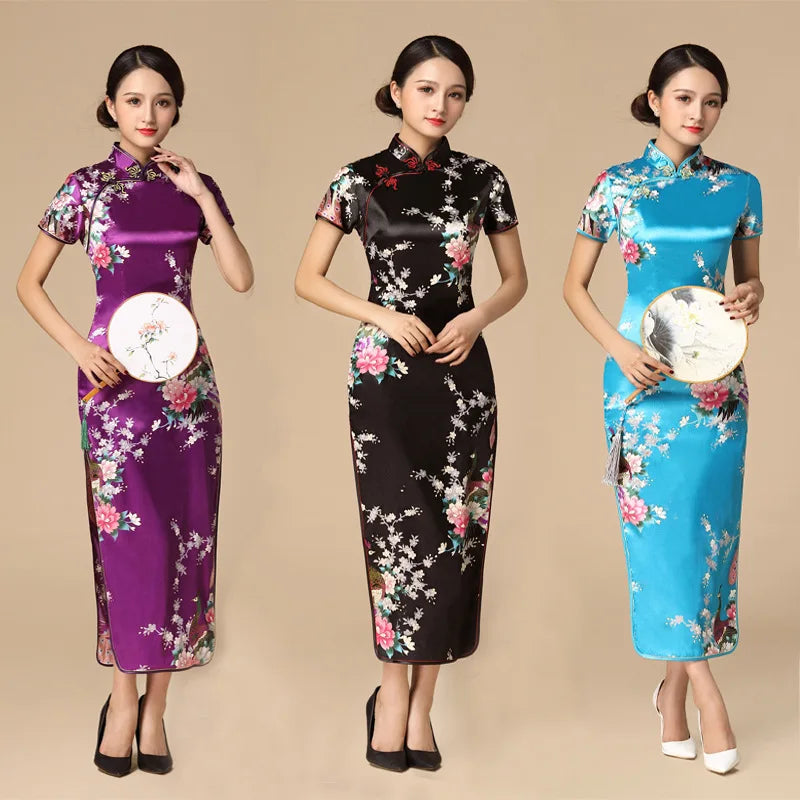 Women Satin Cheongsam Chinese Traditional Mandarin Collar Evening Party Dress Print Peacock Sexy Split Qipao Vestidso - Seprincess