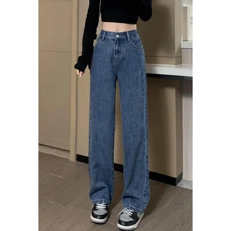 Petite Straight-Leg Jeans Women's Vintage High-Waisted Loose-Fit Bell Bottoms Autumn Season New Style Taller Legging Pants