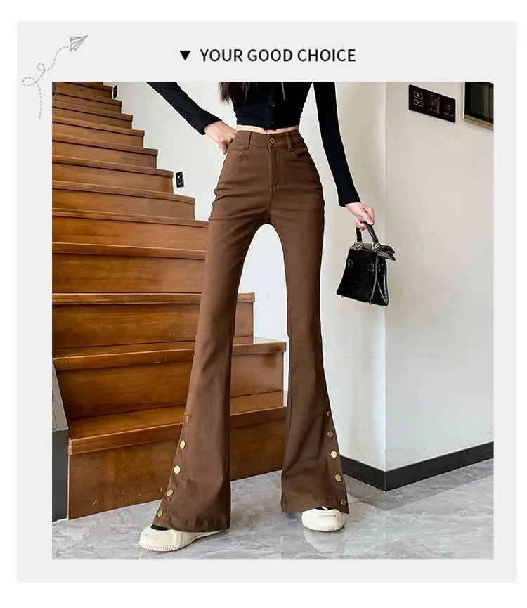 Micro-boot jeans brown buttoned design women's autumn and winter new high-waisted slim straight-leg floor mopping pants