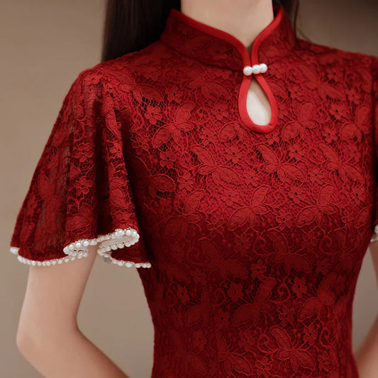 Red Cheongsam Chinese Women Lace Qipao Long Quipao Chinese Traditional Clostume Wedding Party Evening Dress Clothes - Seprincess