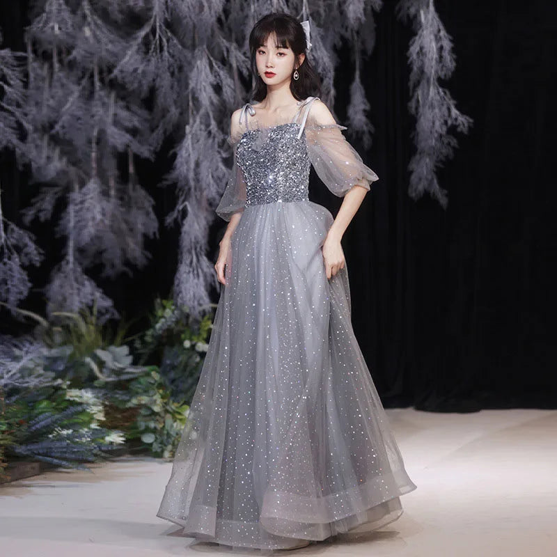 Grey Bridesmaid Evening Dress Women Off Shoulder Sequins Wedding Party Vestidos Fairy Temperament Sisters Group Gown Summer - Seprincess