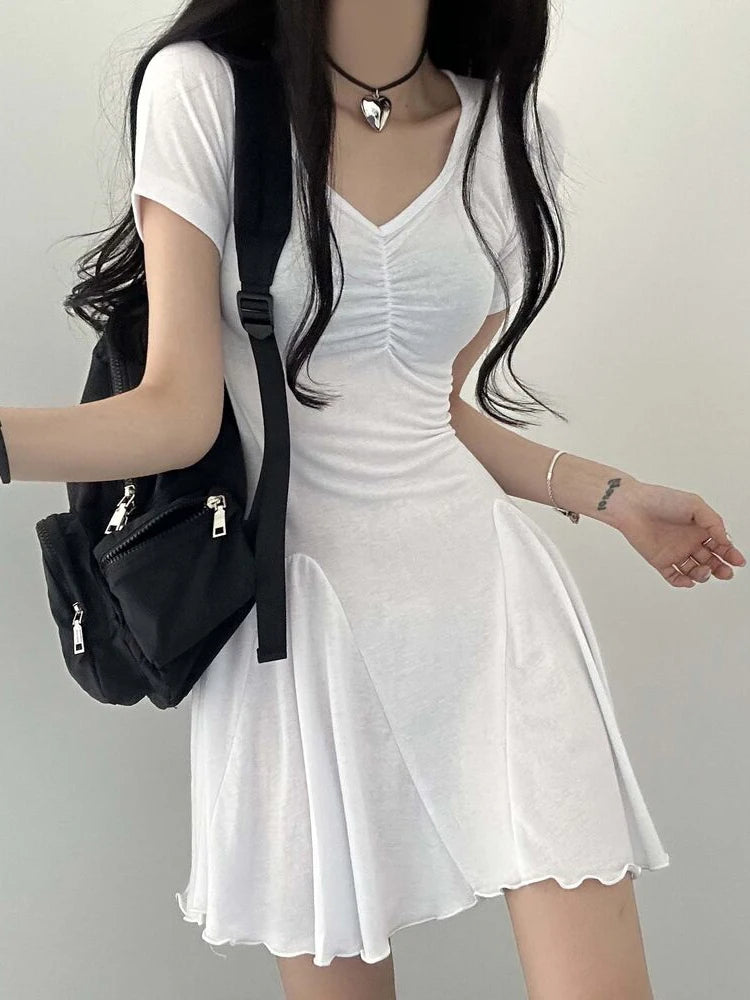 IAMSURE Casual Basic Solid Folds A-Line Dress Korean Style V-Neck Short Sleeve Mini Dresses For Women 2023 Summer Fashion Lady - Seprincess