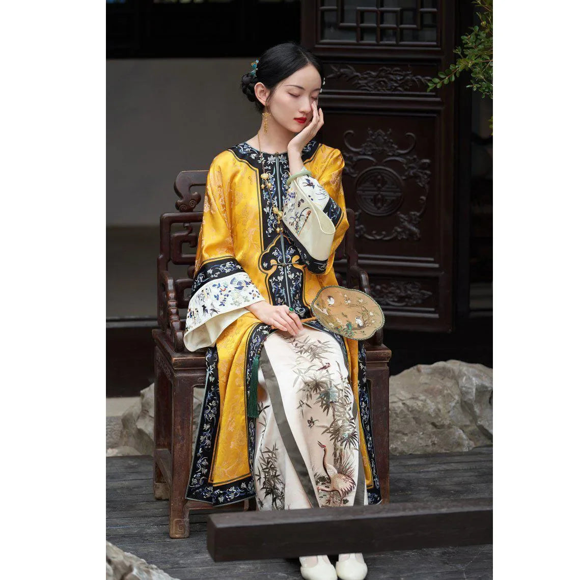 Qing Dynasty Satin Yellow Printed Cheongsam Cloak Chinese Vintage Heavy Industry Horse Face Skirt Original  Qipao Dress Modern - Seprincess