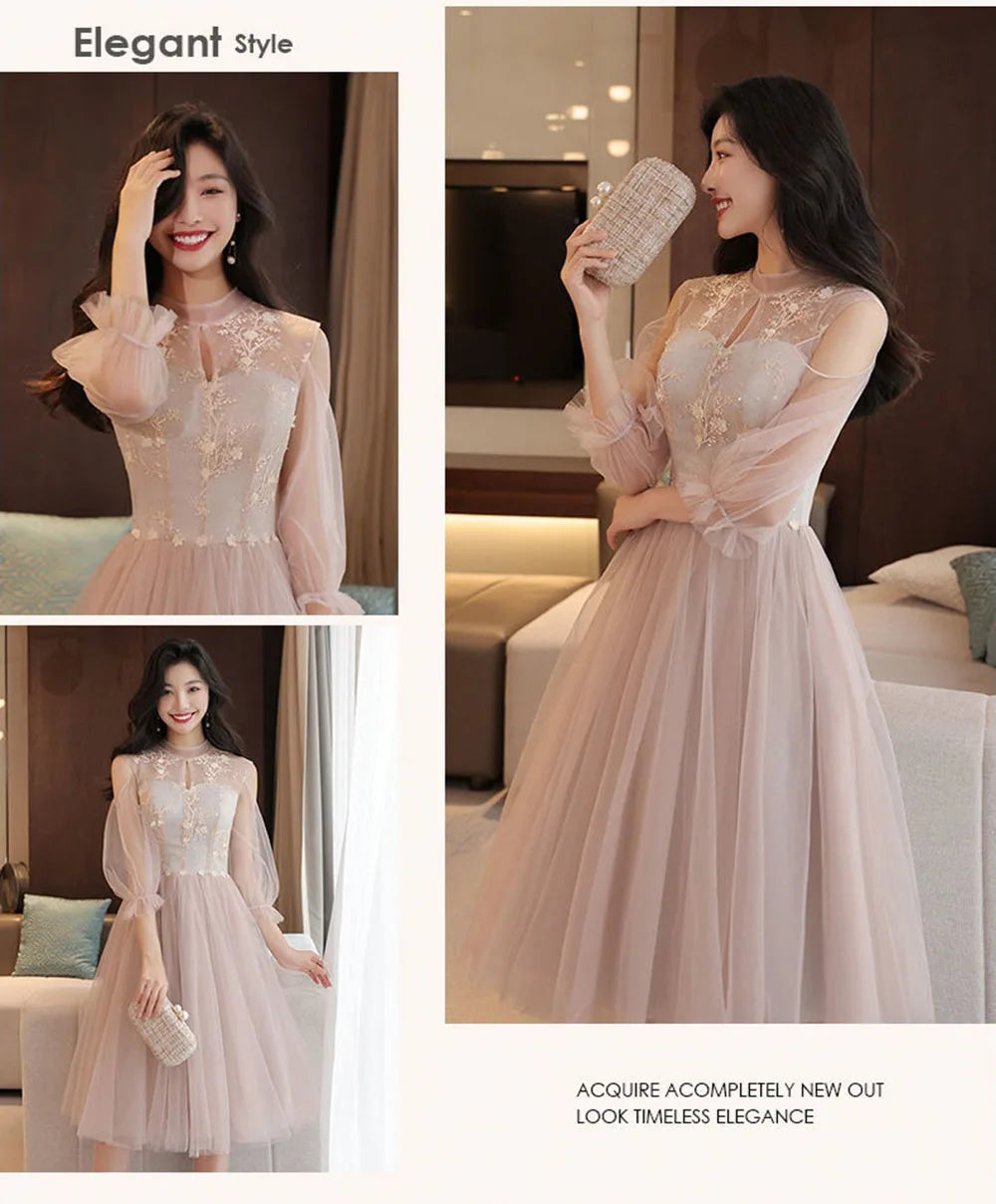 4 Styles Elegant Simple Bridesmaid Dress Women's Tulle Half Sleeves Slim Fit Design A-Line Dress Applique Wedding Party Vestido - Seprincess