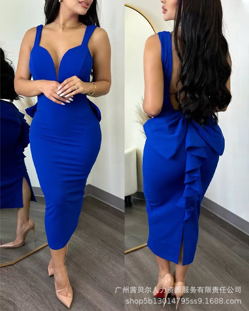 New Women's Backless Ruffles Patchwork Dress 2023 Elegant Sexy Evening Party Dress Women's Spaghetti Strap V-neck Slim Fit Dress - Seprincess