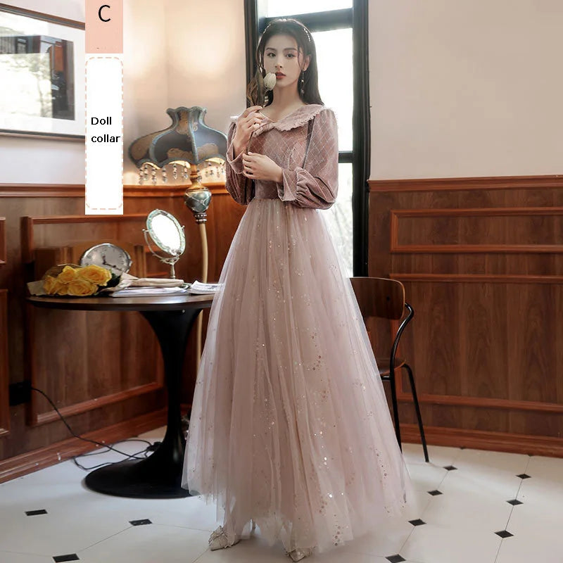 2022 New 4 Styles Bridesmaid Dress Bow Retro Elegant Long-sleeved Chic Temperament Long Evening Dress For Wedding Women Guest - Seprincess