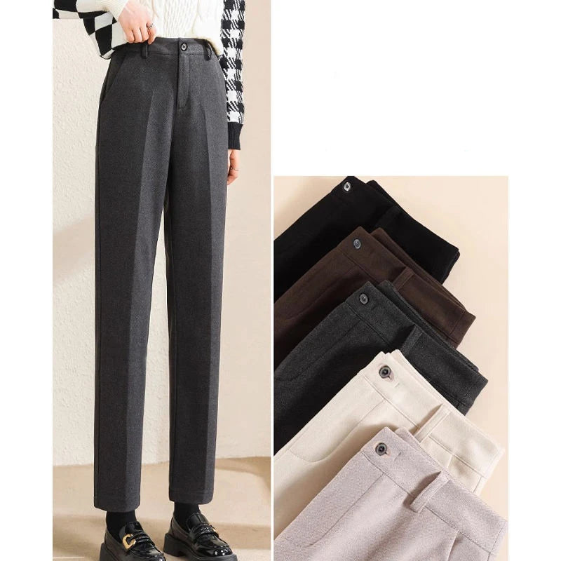 Simplicity Autumn Women Woolen Suit Pants Solid Pockets Button Elastic High Waist Fashion Straight Thicken Ankle Length Trousers