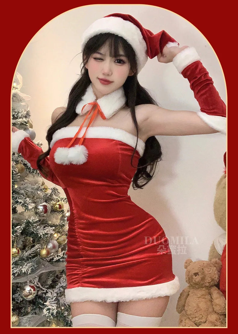 Fashion Sexy Korean Women Christmas Decoration Short Dress Elegant Velvet Sexy Female Cosplay Halloween Performance Dress 6BVH - Seprincess