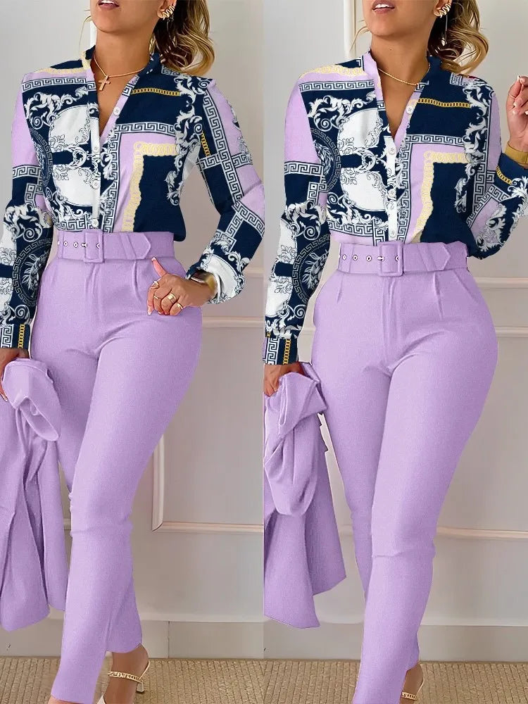 Elegant Women Shirt Two Piece Set Suits Fall New Fashion Print Long Sleeve Top Black Pants Set With Belt Blouses Female Clothing - Seprincess