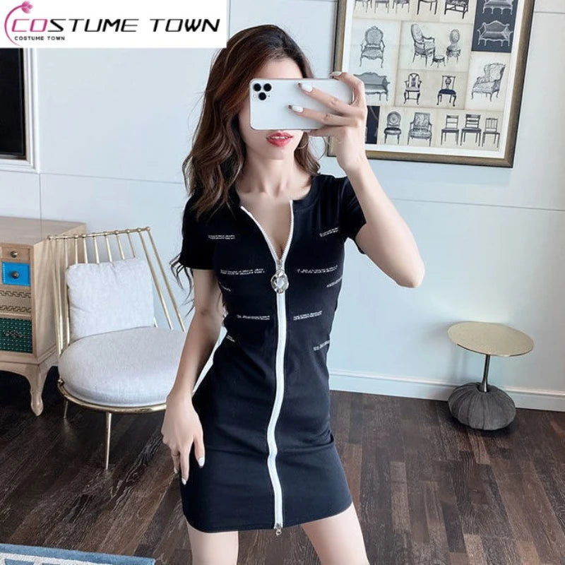 Spring/Summer 2024 V-Neck Zipper Skirt Letter Print Sexy Night Shop Dress Women's Deep V Low Cut Fashion Dress - Seprincess