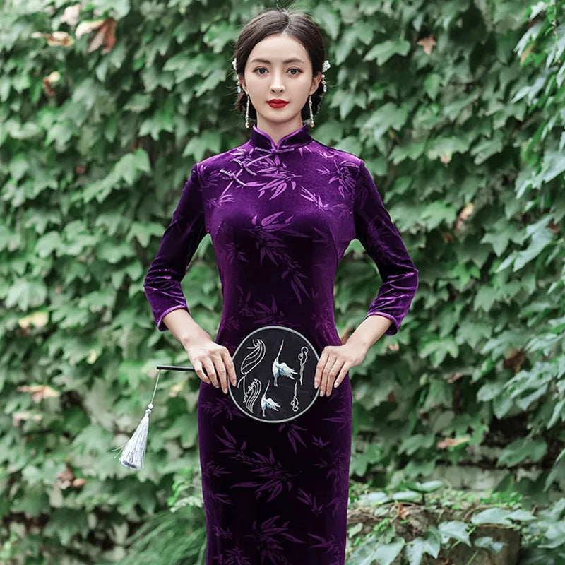 Plus Size Velvet Long Qipao Autumn Winter Female Chinese Dress Traditional Vintgae Mandarin Collar Cheongsam Sexy Slim Vestidos - Seprincess